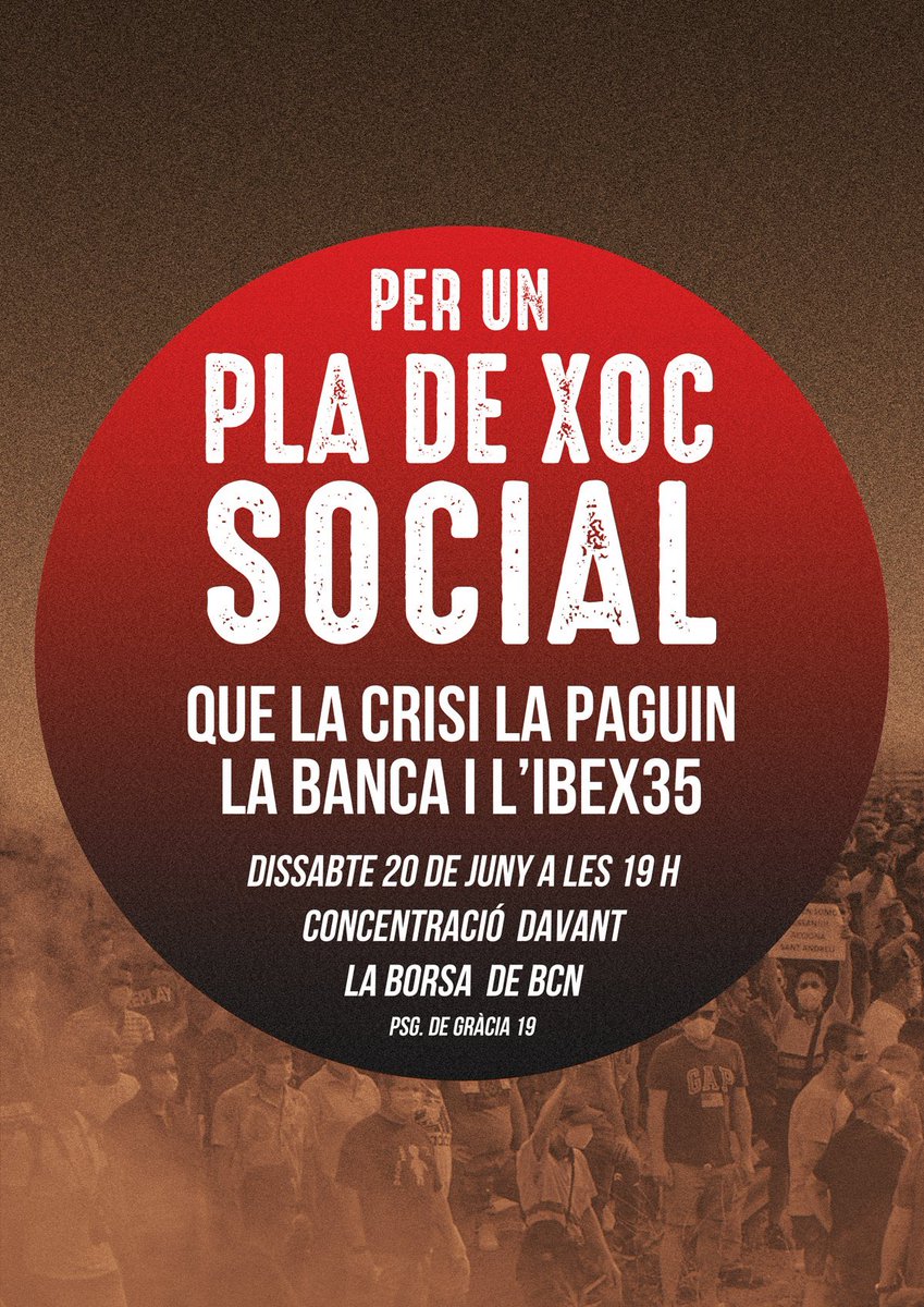 Dissabte omplim els carrers per exigir #RegularitzacióXTotes i #20JPlaDeXocSocial.

A les 17:30 a diferents pobles i ciutats #20JRegularització

A les 19h davant la Borsa (Barcelona) #20JPlaDeXocSocial
