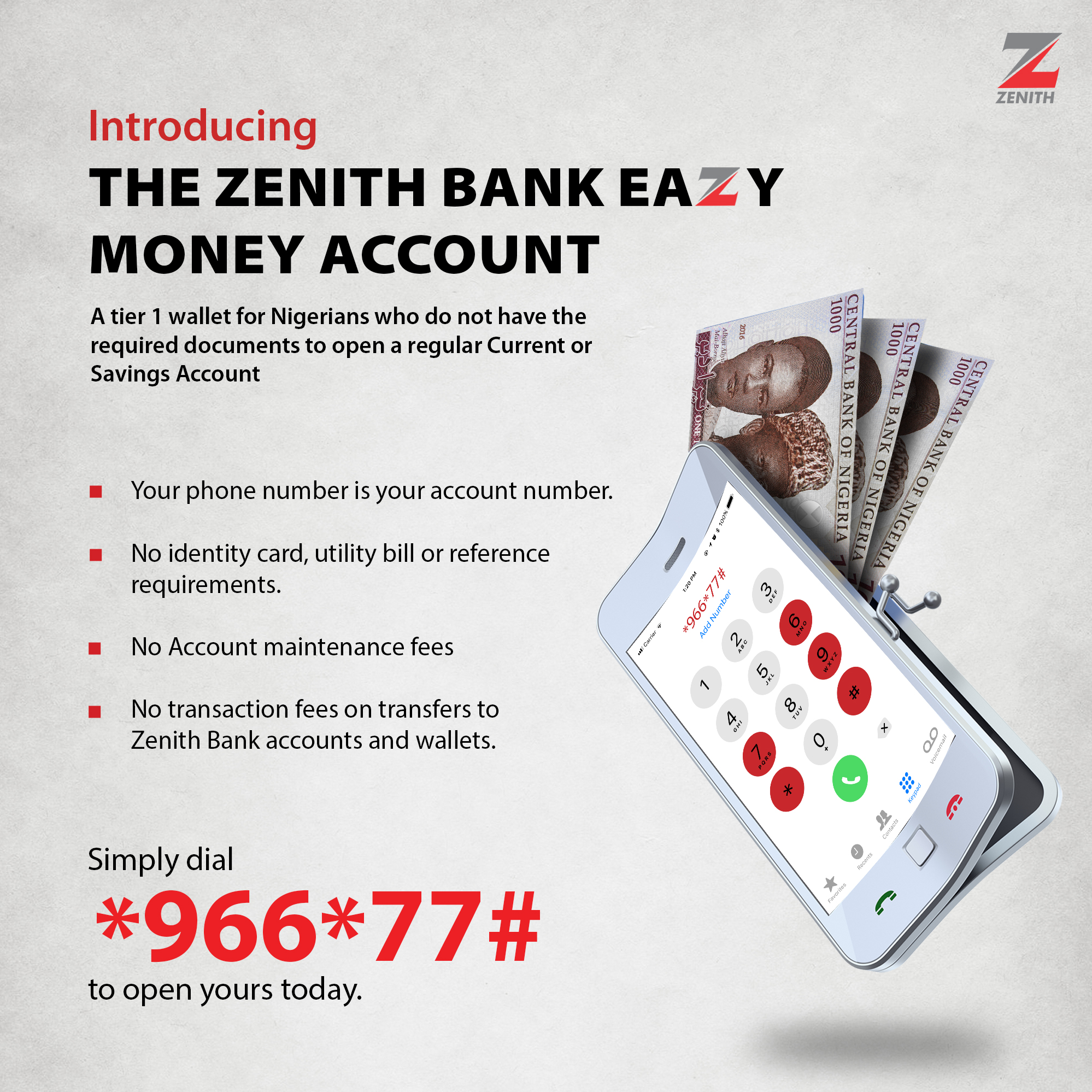 Zenith Bank on X The Zenith Bank Eazy Money Account allows you to make transactions with your mobile number. Dial 966 77 to open yours today EazyBanking StaySafe ZenithBank https t O3iL4bQyfn X