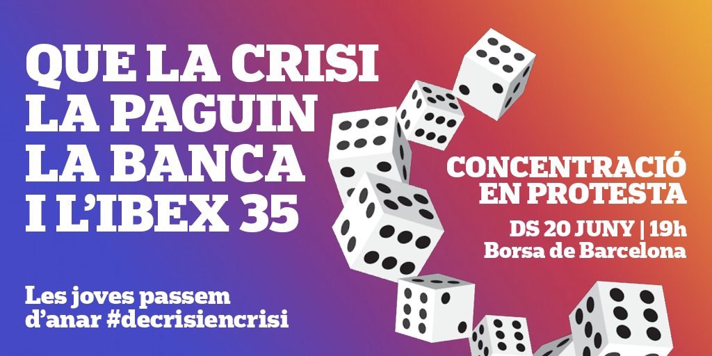 📣 Per un #PladeXocSocial, que la crisi la paguin la banca i l'IBEX35❗ 😠

Més de 180 organitzacions i plataformes del <a href="/PladeXocSocial/">PlaDeXocSocialCAT</a>
us convoquem el #20J 🙋👭👫

📍Davant la #Borsa de #Barcelona
📆 20 juny 
🕐 19 h

#20JPlaDeXocSocial
#20JPlanDeChoque

plandechoquesocial.org/ca/comunicats/…