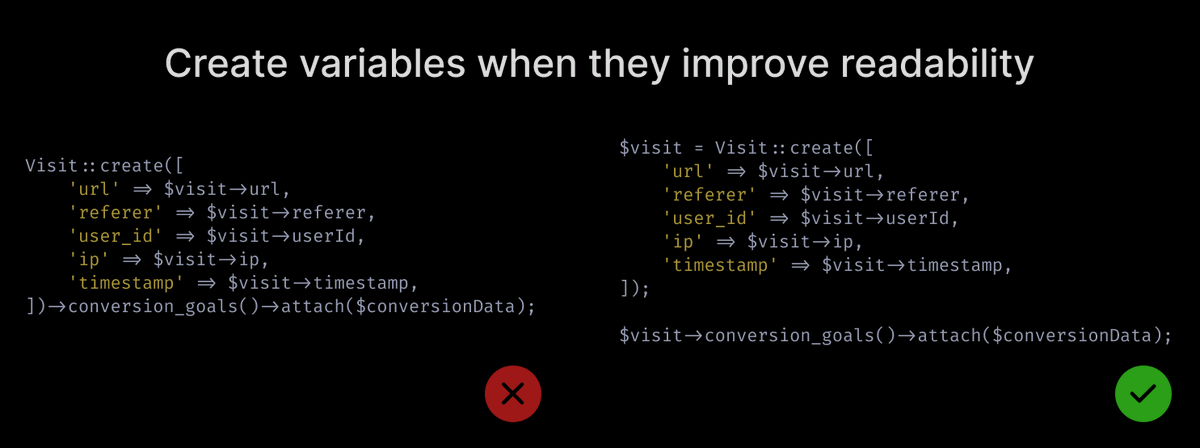  Create variables when they improve readabilityThe opposite of the previous tip. Sometimes the value comes from a complex call and as such, creating a variable improves readability & removes the need for a comment.Remember that context matters & your end goal is readability