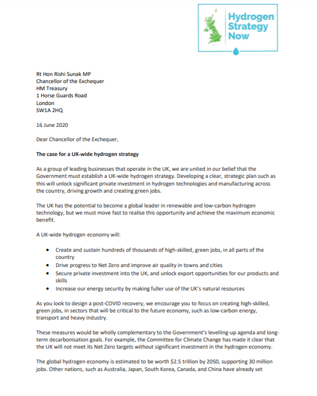 MakingH2Happen's tweet photo. As a group of leading businesses, we are united in our belief that the Government must establish a UK-wide hydrogen strategy.

We stand ready to invest up to £1.5bn in hydrogen and create thousands of jobs across the country. 

Read our letter to @RishiSunak 

#ukhydrogenstrategy https://t.co/iI5XP54L0w