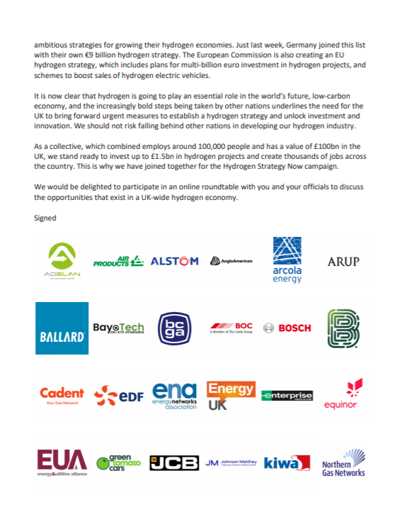 MakingH2Happen's tweet photo. As a group of leading businesses, we are united in our belief that the Government must establish a UK-wide hydrogen strategy.

We stand ready to invest up to £1.5bn in hydrogen and create thousands of jobs across the country. 

Read our letter to @RishiSunak 

#ukhydrogenstrategy https://t.co/iI5XP54L0w