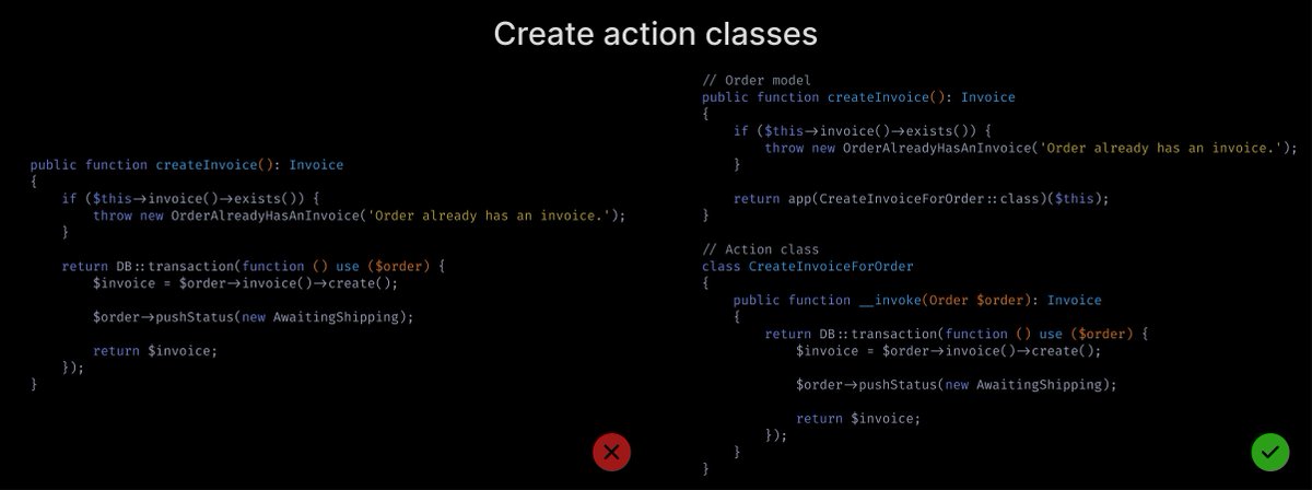  Create action classesLet's expand on the previous example. Sometimes, creating a class for a single action can clean things up.Models should encapsulate the business logic related to them, but they shouldn't be too big.