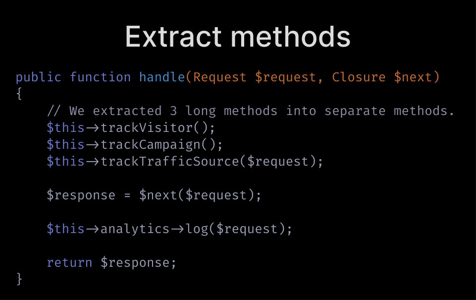  Extract methods.If some method is too long or complex, and it's hard to understand what exactly is happening, split the logic into multiple methods.