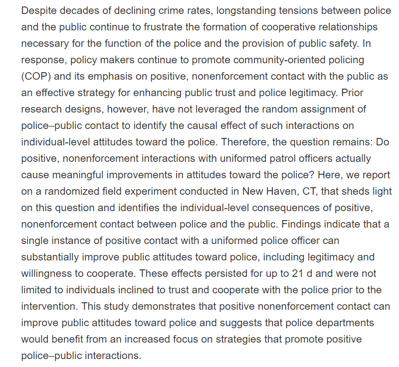 PROBLEM POLICECommunity partnerships of 90s were supplanted with fear and suspicion post 9-11Community policing "Police departments would benefit from an increased focus on strategies that promote positive police–public interactions." See https://www.pnas.org/content/116/40/19894