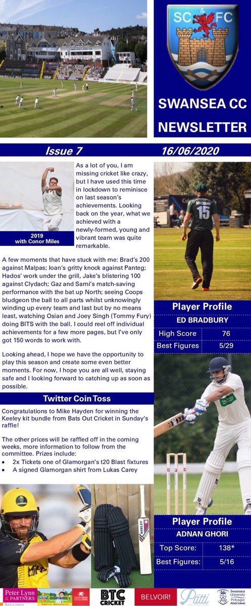 SwanseaCricket's tweet photo. Issue 7 - Members Newsletter 

🔹2019 review with @ConorMiles 

🔹Player profiles - @EdBradbury_  &amp; @ghori_adnan 

🔹Raffle prize &amp; Quiz winners

🔹Weekly challenge for @SwansCCJuniors 

🔹Joe Singh 2019

🔹Swansea CC clothing Supporting the NHS 

🔹Who am I ❓Section.

⚪️🔵🦢🏏 https://t.co/PDJ2TxokXE