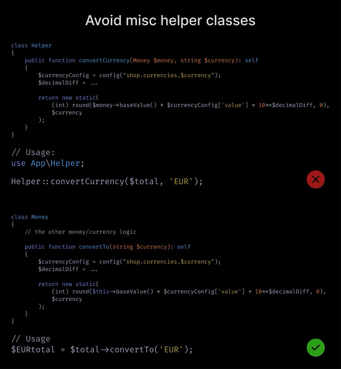  Avoid helper *classes*.Sometimes people put helpers into a class.Beware, it can get messy. This is a class with only static methods used as helper functions. It's usually better to put these methods into classes with related logic or just keep them as global functions.