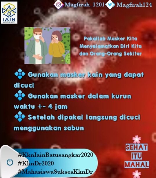 Magfirah124's tweet photo. Sesungguhnya mencegah itu lebih baik dari pada mengobati dan pada saat pandemi seperti ini jagalah kesehatan kita,dengan memakai masker

Assalamu'alaikum
bapak²,ibu²,abg²,kk²,teman² dan adik² semua.
Mhon bantuannya untuk like dan comennya
Terimaksih

#KknIainBatusangkar2020
#Kkn https://t.co/Xfq1w0wGfn
