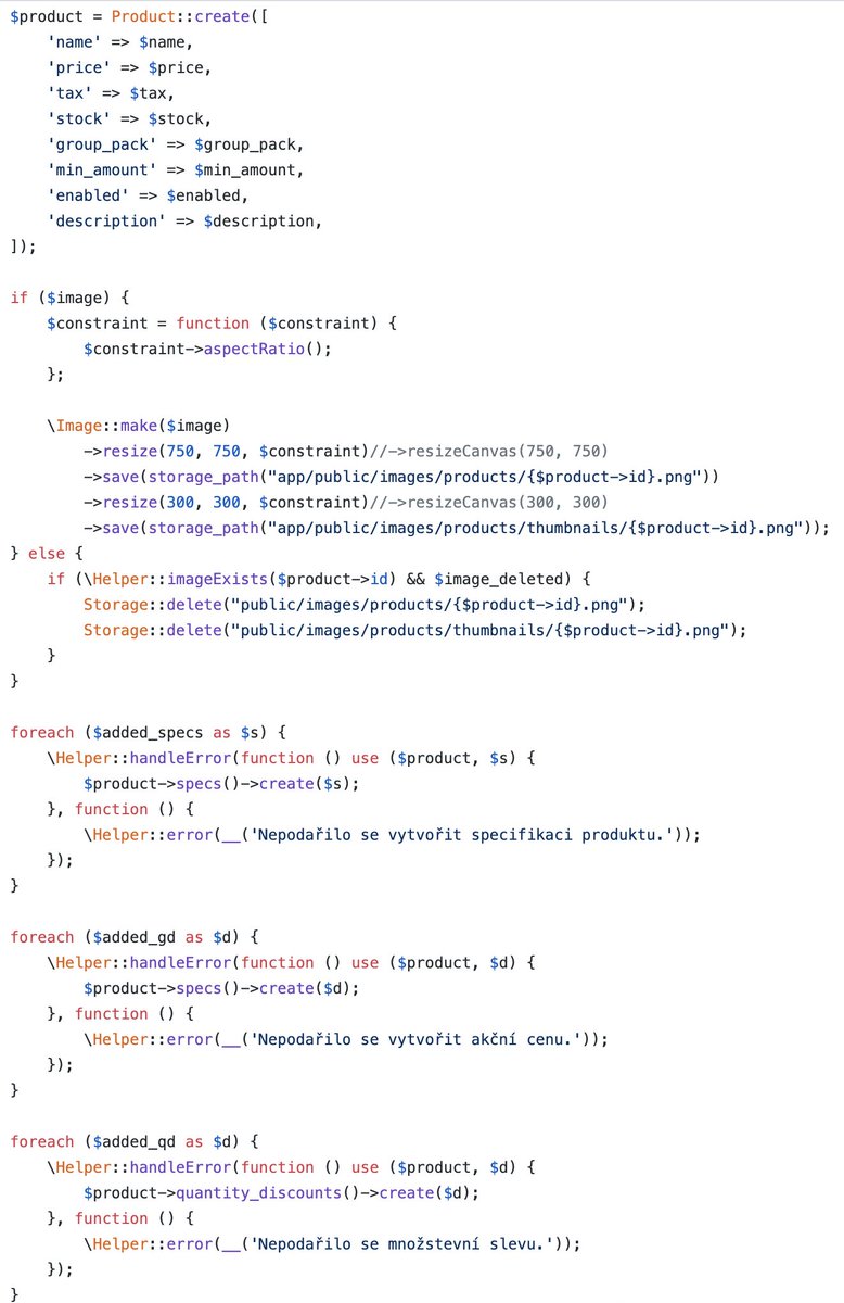  Don't just write procedural code in classes.This ties the previous tweet with the other tips here. OOP exists to make your code more readable, use it. Don't just write 400 line long procedural code in controller actions.Here's code from my first Laravel project 