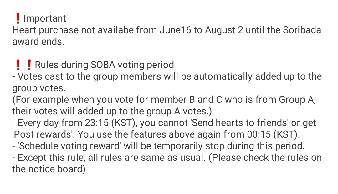 Notes:- You can't purchase any heart from now until 08/02- For boygroup, all members points will be added up to their respected group pointsDownload here: https://apps.apple.com/my/app/kpop-idol-choeaedol/id1131995698 https://play.google.com/store/apps/details?id=net.ib.mn https://play.google.com/store/apps/details?id=com.exodus.myloveidolThen go to notice to check how to use the aps