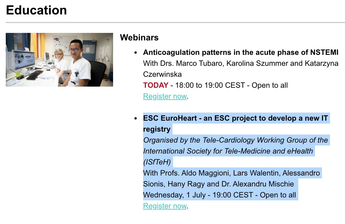 ALEX_MISCHIE's tweet photo. ♨️New #ESCACVC updates ON WEBINARS:
🎦Acute CV care during the COVID19:
https://t.co/O5Fz0PphbL
+ 🆒🆕🆓 webinar in collab w/ @isfteh_wgcardio: "ESC EuroHeart - an ESC project to develop a new IT registry" (1/7 @ 19h CEST) https://t.co/VTRovH2puc
@cpgale3 @Hragy #cardiotwitter https://t.co/ZRkurWcUfZ