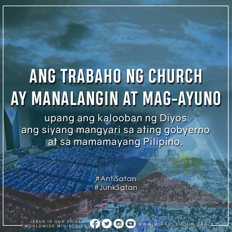 JIOSWMofficial's tweet photo. Pananalangin at pag-aayuno ang dapat na ginagawa ng Church sa panahong ito upang ang lahat ng gawa ng kaaway ay mawasak. Tayo ang susi upang ang bansang ito ay madala kay Kristo.

#AntiSatan
#JunkSatan https://t.co/SE4fc3HtdR