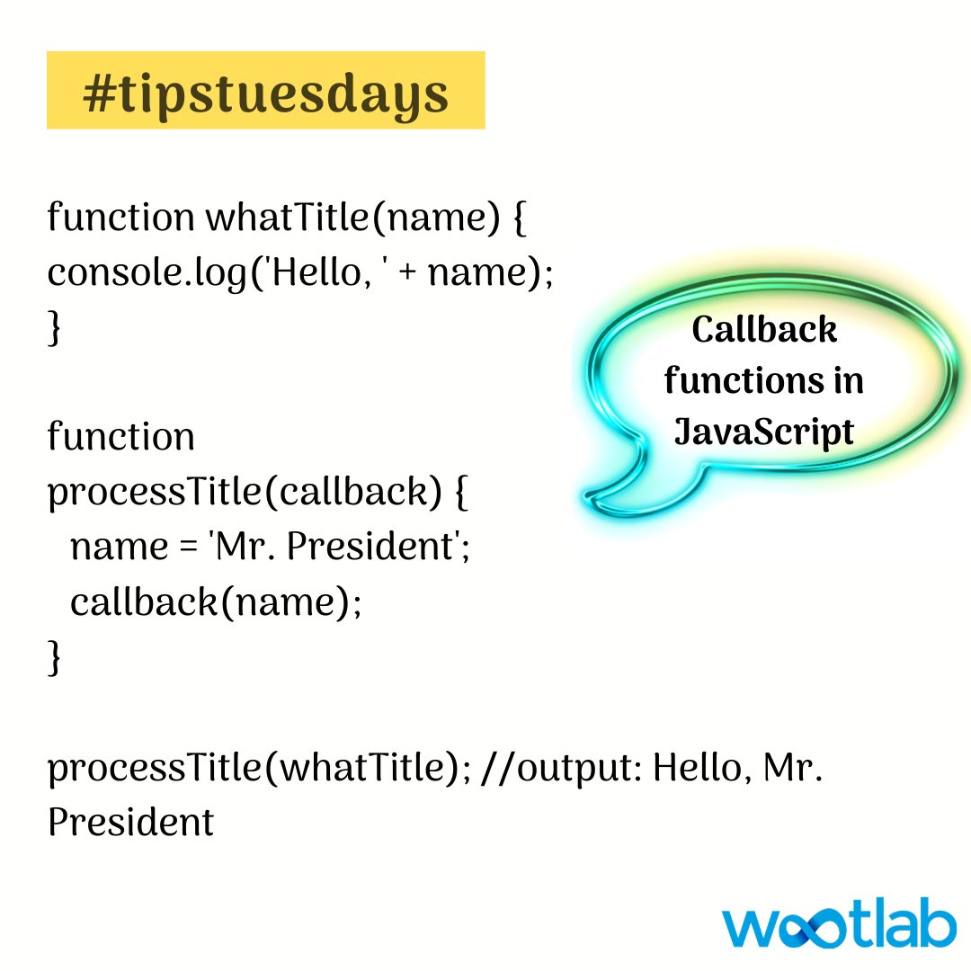 Wootlabng's tweet image. These are functions that are passed as arguments into another function, that is called in the outer functions to perform a task 
#javascript #callbackfunctions #wootlab #remoteteams #bootcamploading