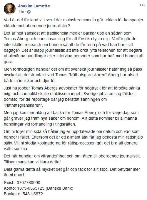 Sverigebilden08's tweet photo. Tomas Åberg startar insamling för att åtala Joakim Lamotte.

Vad är det för land vi lever i där mainstreammedia gör reklam för kampanjer riktade mot oberoende journalister?

Det är helt sanslöst att traditionella medier backar upp en sådan som Tomas Åberg och hans insamling. https://t.co/FgKYjOaZ5x