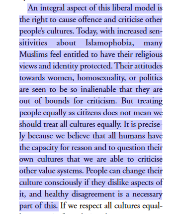 Munira Mirza also says that cultures should be respected...but people of the culture should be open to the  w̶h̶i̶t̶e̶, I mean right, way of life"with increased sensitivities about Islamophobia, many Muslims feel entitled to have their religious views and identity protected"