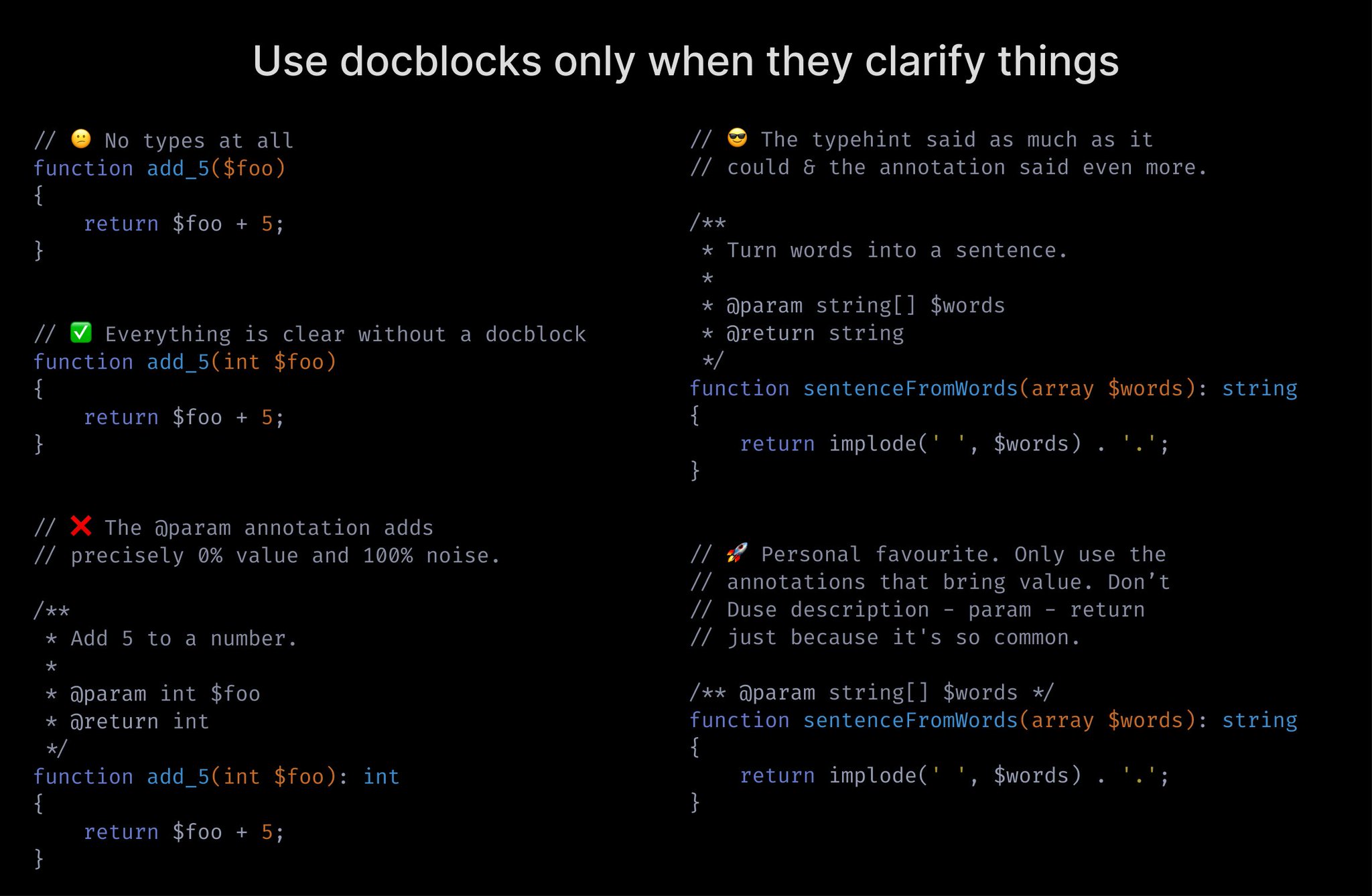 Use docblocks only when they clarify things