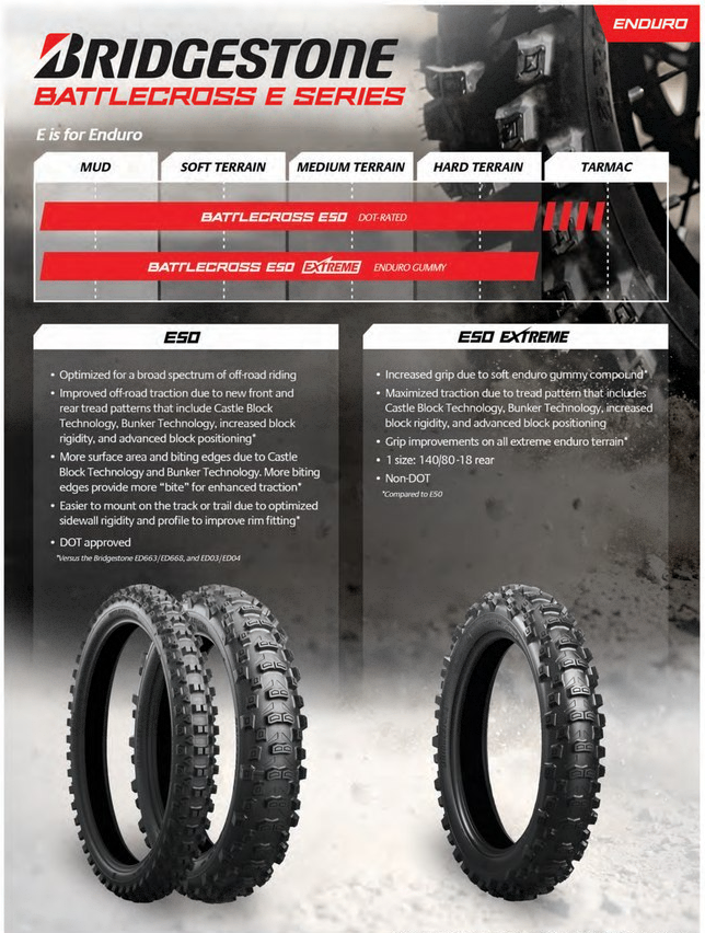 The new Bridgestone E50 Extreme is in stock &amp; ready to ship to our trade customers!

If you're looking for maximum grip on hard enduro type terrain, these are a great option 💪