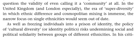 In Munira Mirza's book that shall not be named:"The era of 'super-diversity' in which ethnic difference and cosmopolitan mixing is immense, the narrow focus on single ethnicities would seem out of date"Siri, how do you say "I don't see colour" but reach a word count?