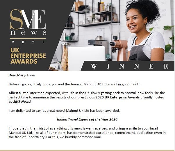 MahoutUK's tweet photo. Delighted and honoured that Mahout is announced the SME UK Enterprise Awards winner of Indian Travel Expert Of The Year 2020.  #MahoutHotels #MahoutTravels #MahoutExperiences #MahoutUK #ColoursOfIndia #GetReadyToGo #India  #loveindia #smallbusiness Thanks so much @SMENewsUK https://t.co/Arzr0sAn2r