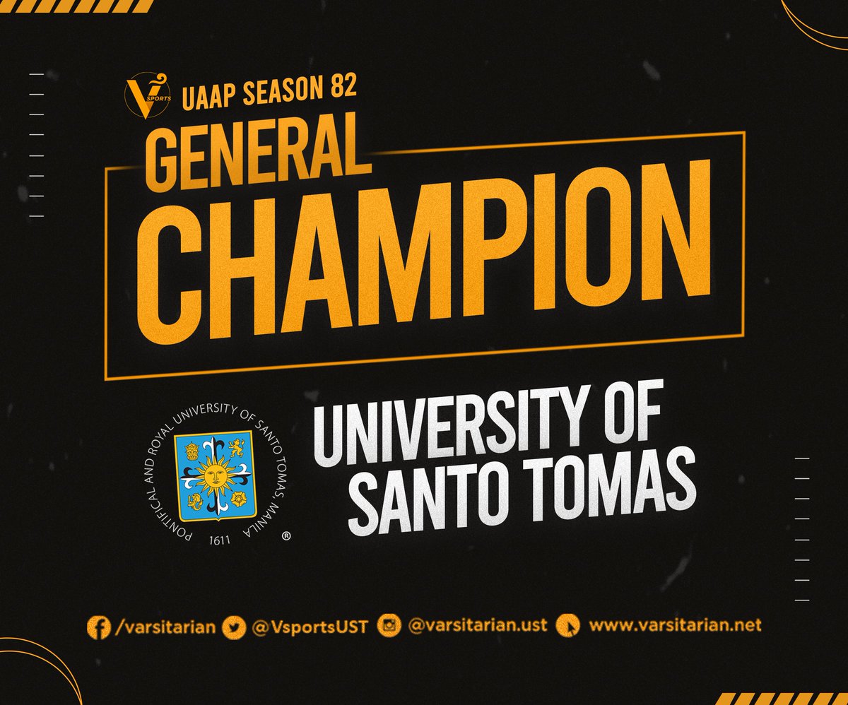 CHAMPIONS!

UST is general champion of the truncated #UAAPSeason82, claiming the title for the fourth straight year, its 44th overall.

Source: The UAAP
(Art by Jury P. Salaya/The Varsitarian)