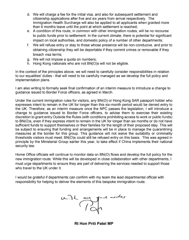 hkfp's tweet photo. Home Sec. @pritipatel has asked that the UK grant #HongKong BN(O) passport holders "leave to enter the UK outside of the Immigration Rules" until a pathway to citizenship is enacted. https://t.co/gAhNZFctTQ