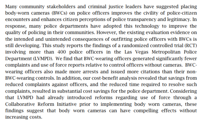 PROBLEM POLICE Lack of Trust  Body Worn Cameras reduce complaints of police misconduct and use of force reports, significantly. And all without increasing costs! more benefits here:  https://www.ncjrs.gov/pdffiles1/nij/grants/251416.pdf