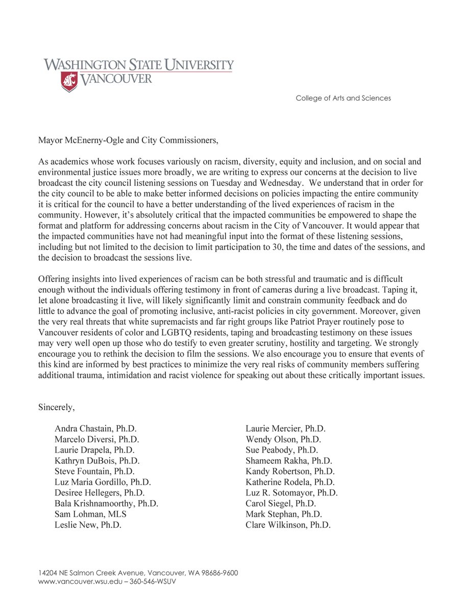 katherinerodela's tweet image. Yesterday twenty @WSUVancouver faculty sent letter to Mayor @AnneOgle &amp;amp; @VancouverUS city council asking them to not film &amp;amp; make listening sessions public bc of very real threats #WhiteSupremacist &amp;amp; Far Right groups active in SW WA pose to BIPOC &amp;amp; LGBTQ communities.