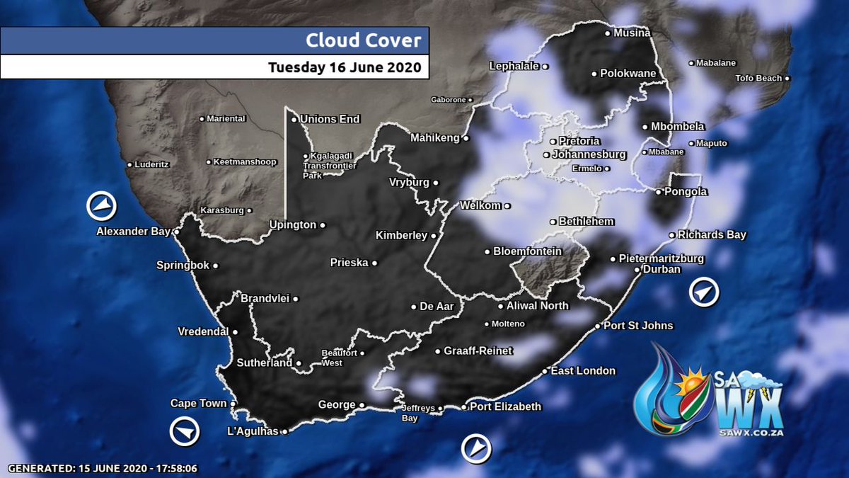 afriwx's tweet photo. 🇿🇦 Clouds, Winds and UVB for 𝙎𝙤𝙪𝙩𝙝 𝘼𝙛𝙧𝙞𝙘𝙖 Today (Tuesday 16 June 2020) - 🌞 🇿🇦 Weather @ https://t.co/v7nzukUAo4 - #Meteogram #WXCharts #SouthAfrica #Weather #Clouds #Wind #UVBIndex #SAWX https://t.co/ThHDpkIpzz