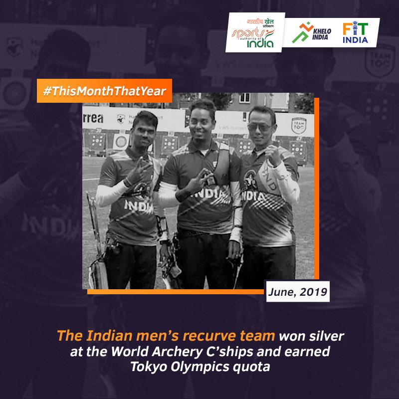 On this day in 2019,the trio of @archeratanu, #PravinJadhav,& #TarundeepRai not only won silver at the World Archery Championships in Netherlands,but also secured a men’s team quota for the Tokyo Olympics.Have an inspiring story to share from 16th June?Go ahead.#ThisMonthThatYear