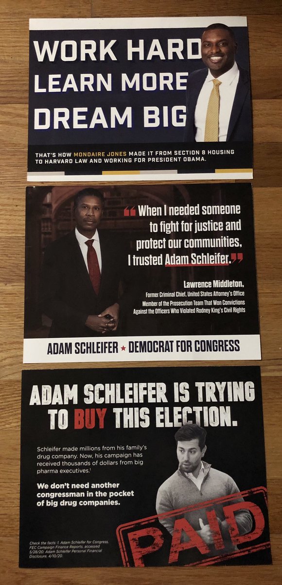 Monday, June 15th, Dem voters in my area of  #NY17 received 3 mailers: 1) From  @electprogress for  @MondaireJones.2) From/by  @AdamSchleiferNY for Schleifer.3) By Women Vote for  @EvelynNFarkas on one side; against Schleifer on the other side.