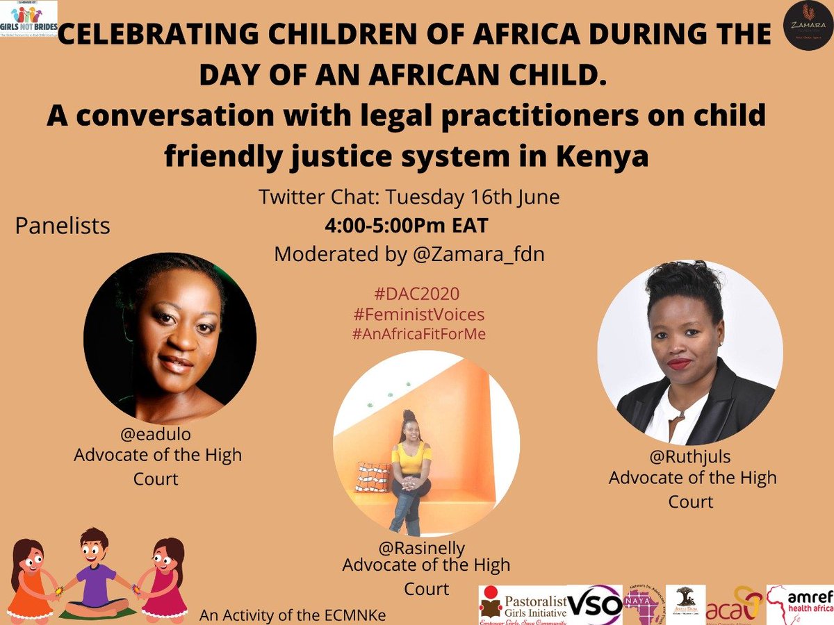 As we mark the #InternationalDayofTheAfricanChild, we invite you to join us from 4pm-5pm in a tweet chat.

Topic: (A conversation with legal practitioners on the child-friendly justice system in Kenya). 

Join the conversation using #DAC2020 #FeministVoives #AnAfricanFitForMe