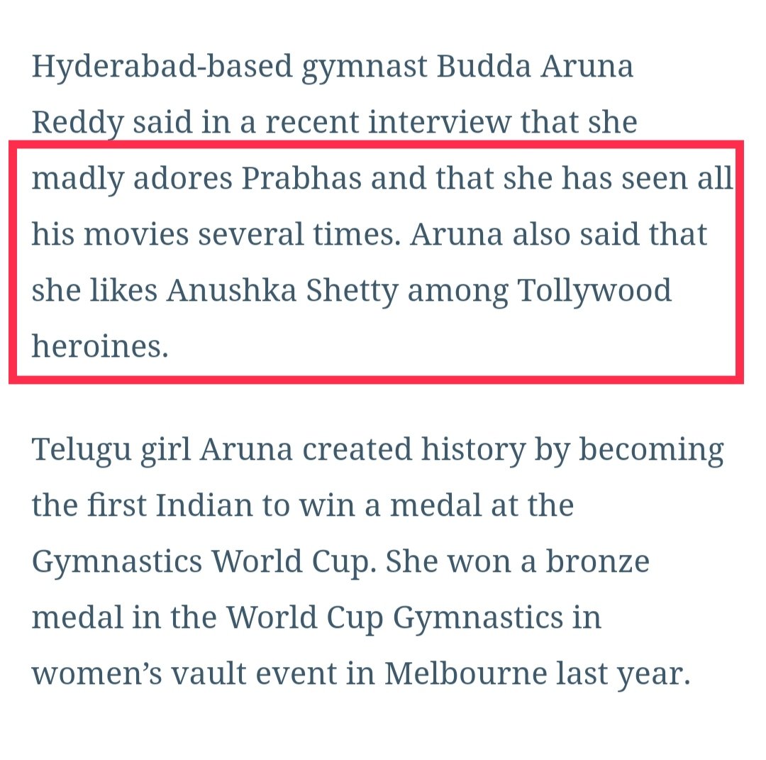 24. Star Indian gymnast Budda Aruna Reddy is die hard fan of Young Rebelstar Prabhas. She madly adores him and watched all his movies several times. -  #BuddaArunaReddy about  #Prabhas