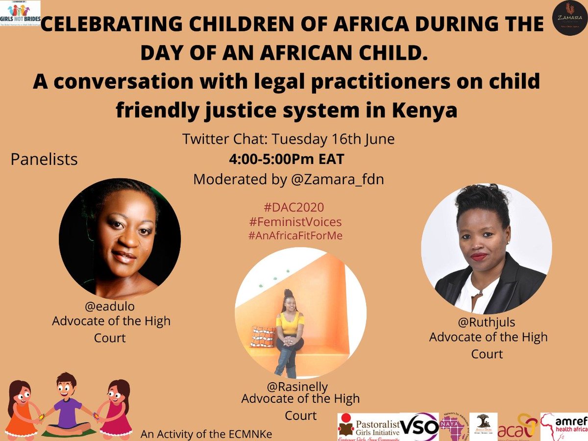 Join us this Tuesday evening, as we mark the Day of th African Child tackling this important topic: Child Friendly Justice System in Kenya.

Advocates @Ruthjuls, @Rasinelly and @eadulo will be on the panel.

Time: 4pm - 5pm

#DAC2020 #FeministVoives #AnAfricanFitForMe