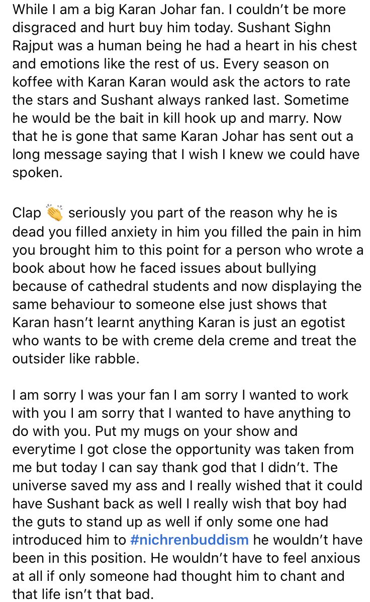 Skittlerani's tweet photo. #JusticeForSushantSinghRajput #KaranJoharIsBULLY @karanjohar @Spotboye #disgusting #anxiety I am sad that I was once a fan of #karanjohar. https://t.co/1c3ingxqES