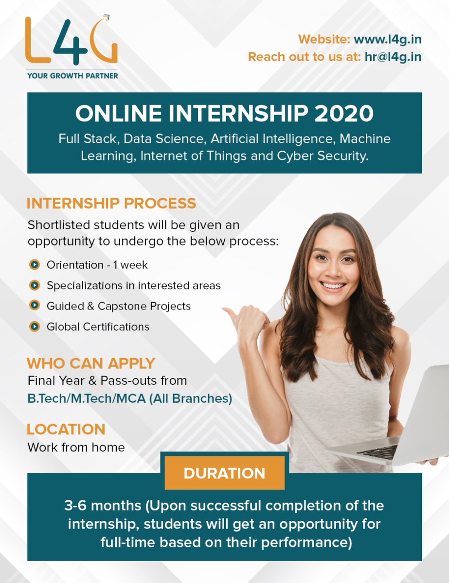 L4GSolutions's tweet photo. #L4G announces Online Internship 2020.
Please confirm your interest in registering for Internship program by filling the form https://t.co/rVeyAuerEJ
#intern #internship #onlineinternship #students #job #opportunity #iamcertified #iamcertifiedchallenge https://t.co/VPdkW21G3E