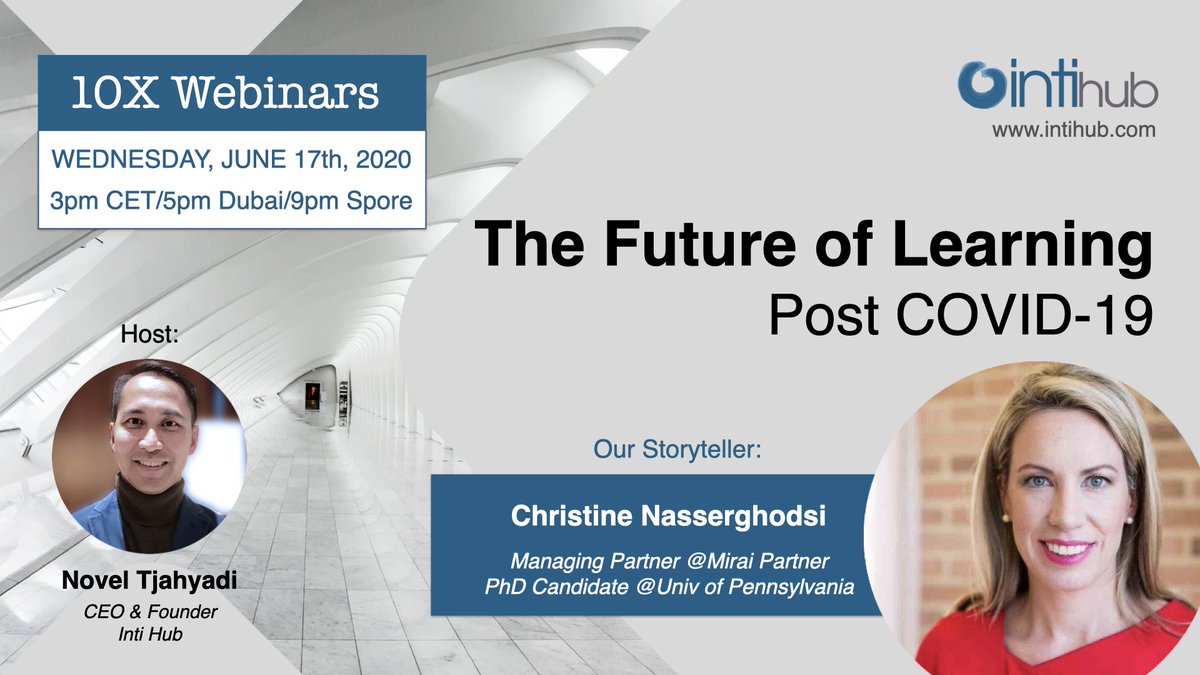 Join us in this #thefutureoflearning #webinar. We'll cover a round of #education myth-busters, interactive conversations, getting some clarity around what we can and can't know about the education landscape in the coming 2 years intihub.com/10xwebinars #learning #schools