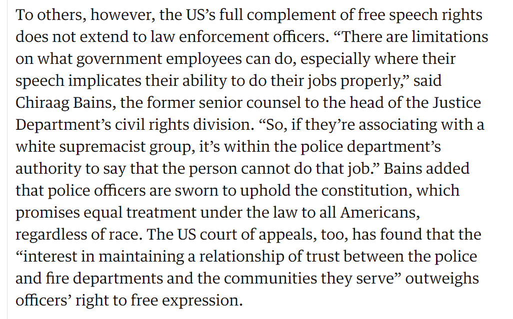 PROBLEM  POLICE Infiltration of Law Enforcement by White Supremacists Fire officers who associate with white supremacists groups. see   https://www.theguardian.com/us-news/2019/dec/13/how-us-law-enforcement-is-failing-to-police-itself and see  https://cpb-us-e1.wpmucdn.com/blogs.uoregon.edu/dist/9/13250/files/2017/11/doc-26-white-supremacist-infiltration-1-110a4e4.pdf