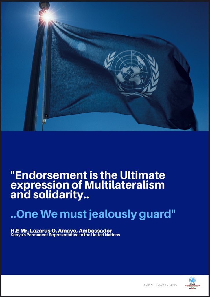 SpokespersonGoK's tweet photo. “Endorsement is the ultimate expression of multilateralism and solidarity...one we must jealously guard,” H.E Mr. Lazarus O. Amayo, Ambassador.
#UNSCElections
#Kenya4UNSC
#DependablePartner
#KenyaDelivers
#KenyaReadyToServe
#SupportAfricaVoteKenya https://t.co/T0qLdXlLTA