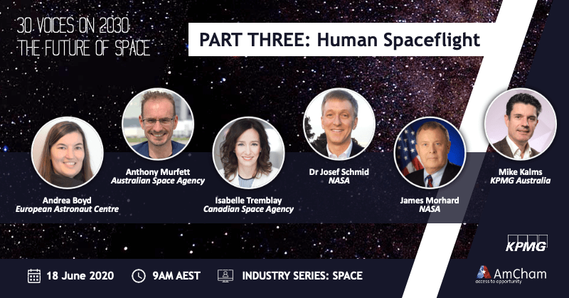 NEW speakers announced! Experts from @csa_asc, @AusSpaceAgency & @ESA_EAC are joining our Human Spaceflight #AmChamWebinar on 18 JUNE. Don't miss this important conversation on #SpaceTourism & #SpaceTravel in partnership with @kpmgaustralia. Register: amcham.com.au/Web/AmCham/Eve…