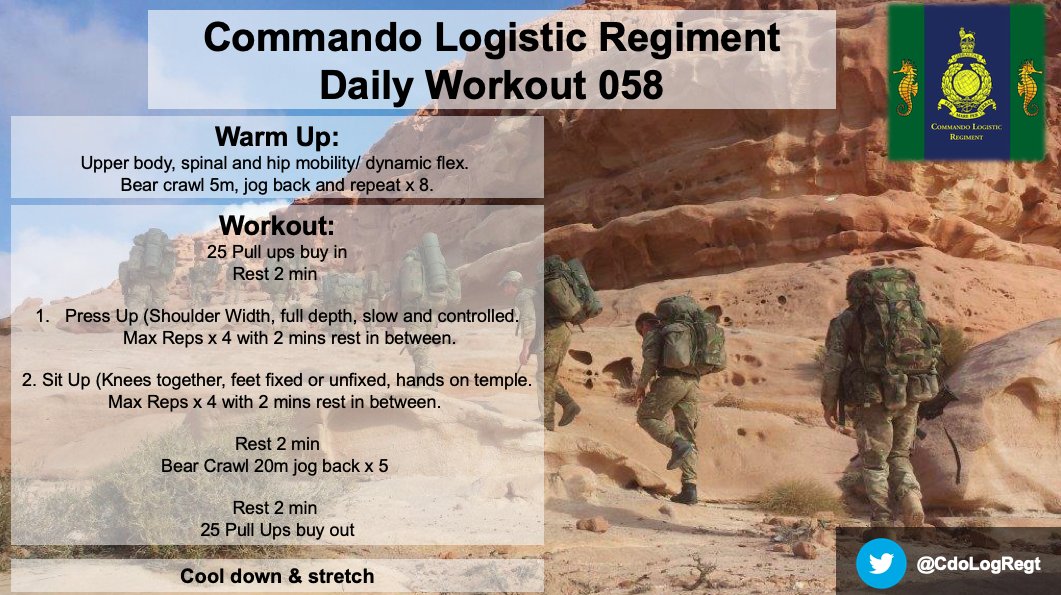 CdoLogRegt's tweet photo. Good morning and here is your daily #workout from our RPTI which focuses on basic bodyweight exercises. Ensure you conduct the reps correctly with good form for maximum benefit. #Digdeep, give 100% always and keep well hydrated. #RMFit @NAVYfit https://t.co/FZt2Ey8T5X