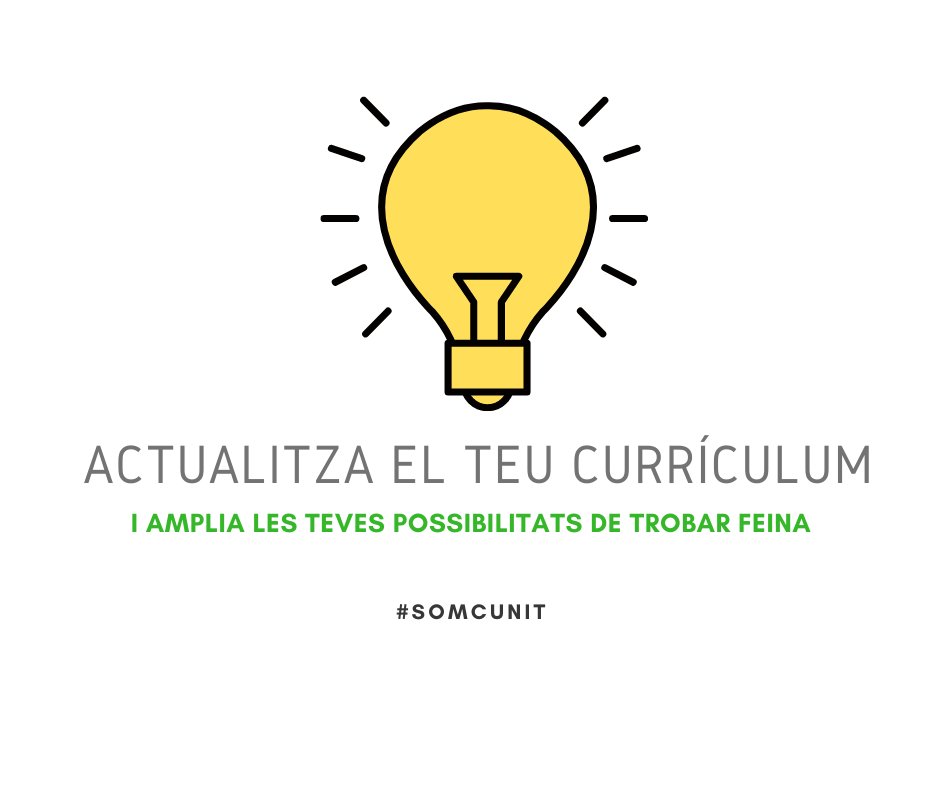 SOMCunit's tweet image. Si has realitzat algun dels darrers cursos que hem oferit... 👉Fes UPDATE al teu Currículum i augmenta les possibilitats de trobar feina.
👍Fes-ho al CV en paper i també al teu perfil del #SOM Cunit.