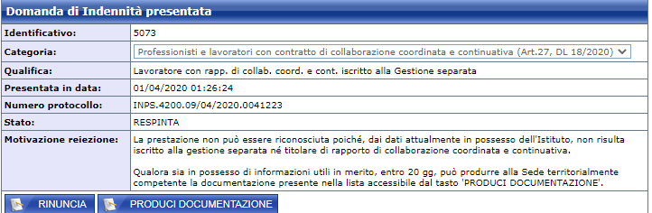 PMarco67's tweet photo. @INPS_it @Simona1488 Entro 20 giorni da una data che non si sa qual'è perché nell'esito c'è solo scritto "RESPINTA" ma non quando. Che spettacolo di procedure! Sembra di essere nel 1920 invece che nel 2020. Se si pensa a quanti soldi pubblici inps spende per i sistemi informativi vengono i brividi! https://t.co/rbgaVo6NQf