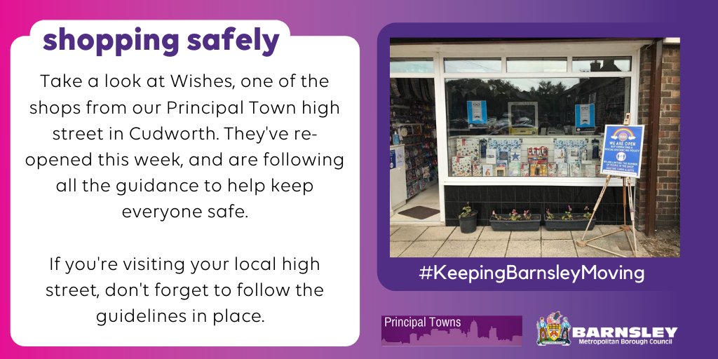 For more information on shopping safely, and the guidance in place on high streets across the borough, visit barnsley.gov.uk/shopping-safely.
 
#KeepingBarnsleyMoving #PrincipalTowns