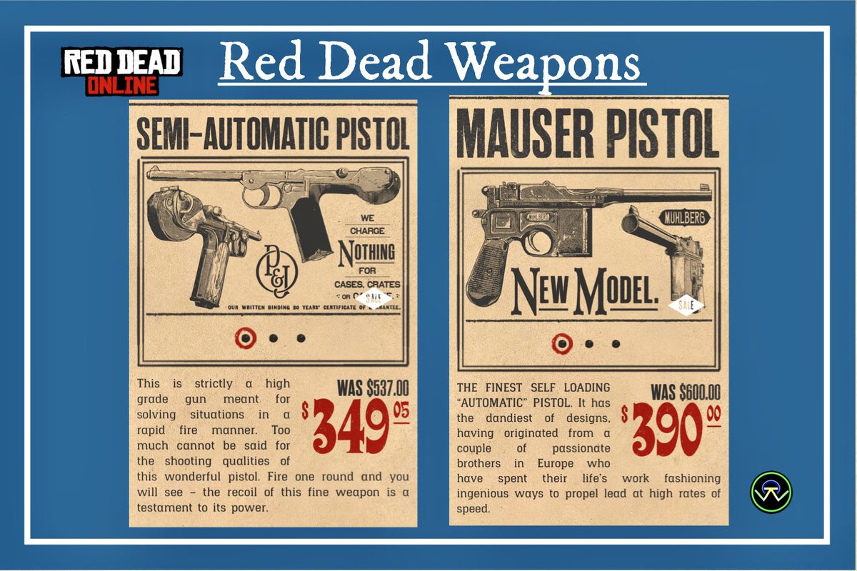 WheelerRawsonCo's tweet photo. These are bargains you won’t want to miss!!!
Semi-Automatic Pistol $349.05 Mauser Pistol $390.00
Head into to your local gunsmith to save money today. #RedDeadWeapons #RedDeadOnline #RedDeadRedemption2 https://t.co/D2n9c8ZLBO