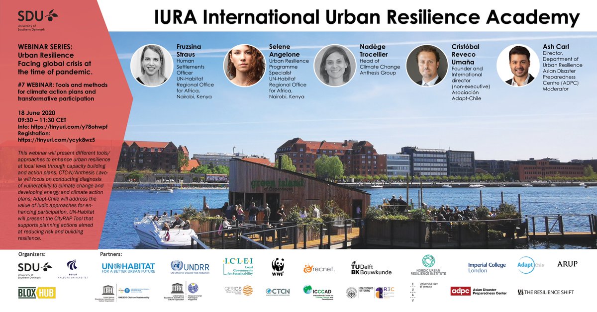 Join the #7 webinar w/Fruzsina Straus,@seleneangelone, Nadège Trocellier,Cristóbal Reveco Umaña, moderated by Ash Carl discussing what can we learn from #covid19 in designing #urbanresilience futures
18 June, 09:30-11:30CET tinyurl.com/ycyk8wz5
#resilientcities #URSummerSchool