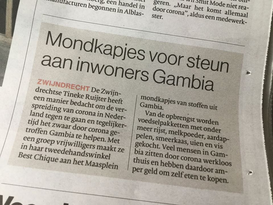 Winkel Best Chique van Tineke Ruijter in #Zwijndrecht maakt #corona #mondkapjes voor het goede doel - opbrengst gaat volledig naar #Gambia #naveltruitjes