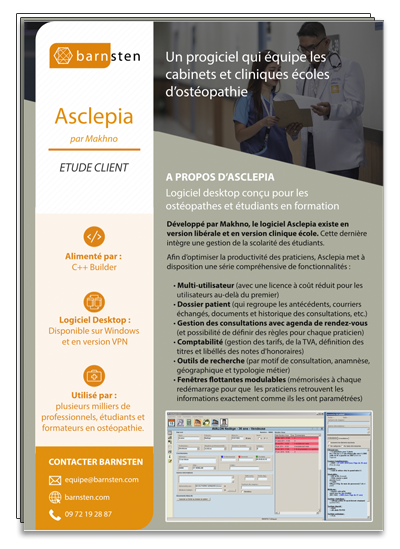 BarnstenFR's tweet photo. [Étude Client] Asclepia, le logiciel en C++ Builder qui équipe les cabinets et clinique écoles d'ostéopathie : https://t.co/OG5uXHMz1d https://t.co/2HyF7mA0S8