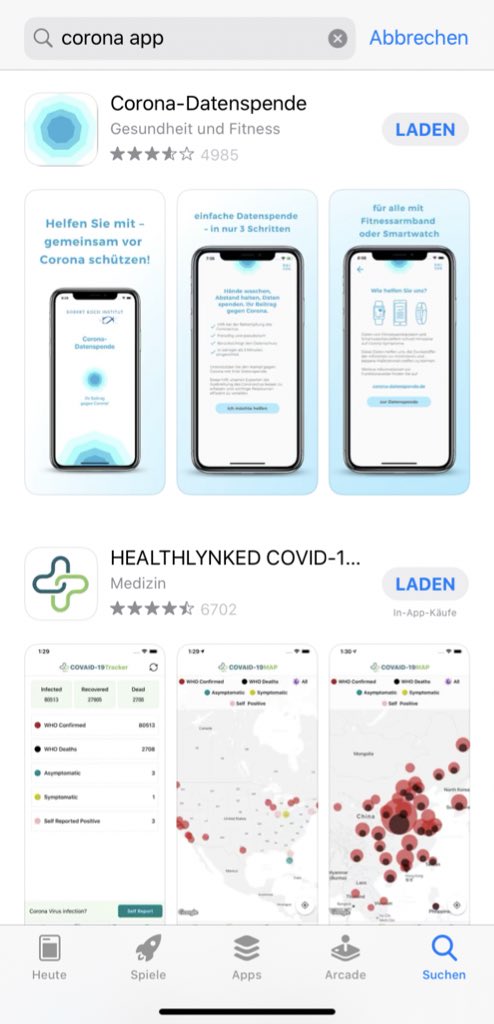 Wer übrigens im Appstore nach #CoronaApp sucht, findet sie auch nach 5 Minuten scrollen nicht, dafür aber einen Pizzalieferdienst und eine Farmville-Kopie. Nur bei #CoronaWarnApp taucht sie auf. Das ist, glaube ich, nicht so gut.