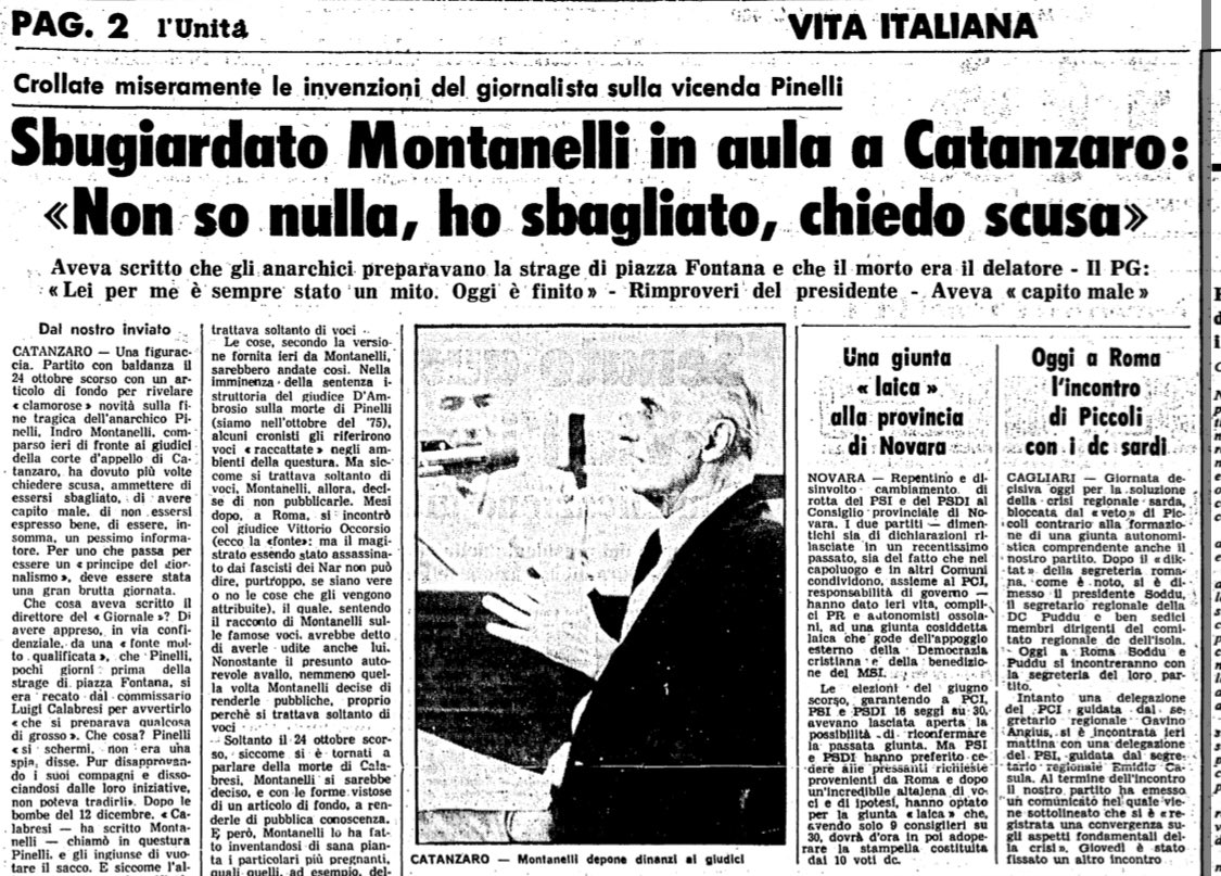 Marco_Rizzo's tweet image. Di #Montanelli ricorderei anche la parte nel depistaggio su #PiazzaFontana, anche quanto l’inchiesta stava andando a tentoni da tutt’altra parte: le infamie su #Pinelli, il fumo negli occhi, le gravi imprecisioni sulla morte dell’anarchico, la figuraccia in tribunale.