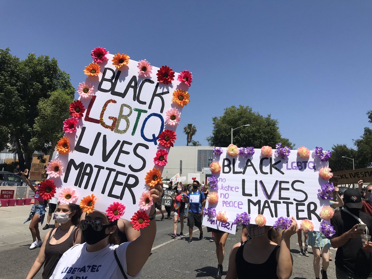 DigitalLA's tweet photo. All Black Lives Matter March celebrated LGBTQ Pride on Sunday. Surprise appearances by Common and Megan Thee Trainer, whose song Savage is top on TikTok. See our pics https://t.co/XhThzu5h05 #ABLMLA https://t.co/o8vX33bQyV